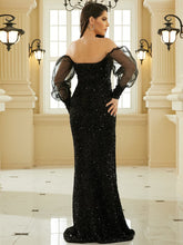 Off Shoulder Tulle Sleeve Split Sequin Black Prom Dress